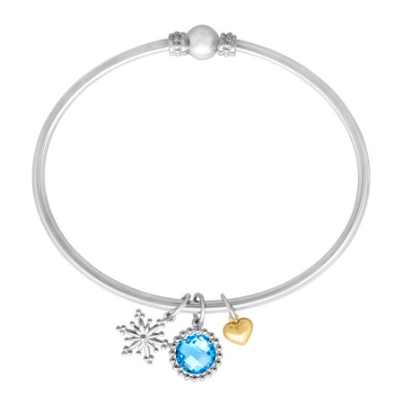 Duet 2 1/4 ct Natural Swiss Blue Topaz Snowflake Charm Bangle Bracelet in Sterling Silver & 14kt Gold