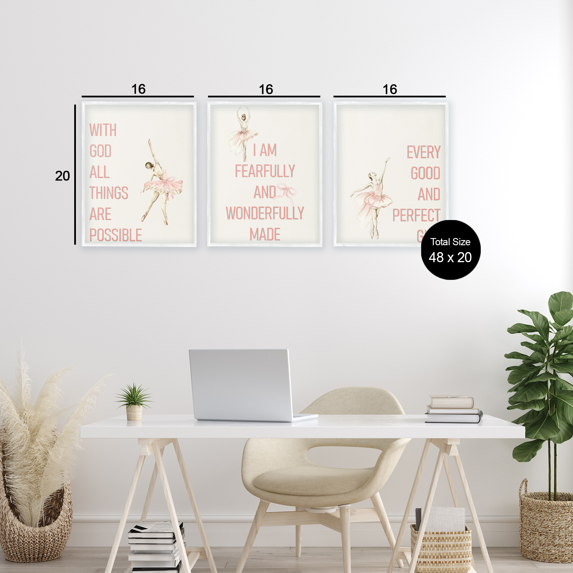 Faith Sentiments with Ballerinas 3 Piece White Framed Giclee Art Set, design by Kim Allen