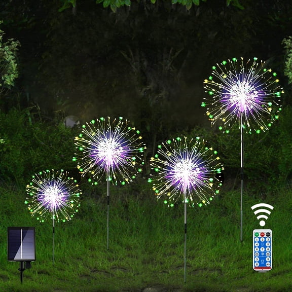 4 Pack Solar Firework Stake Lights – Multicolor LED Dandelion Starburst Garden Lights, IP65 8 Modes Solar Landscape for Patio Yard