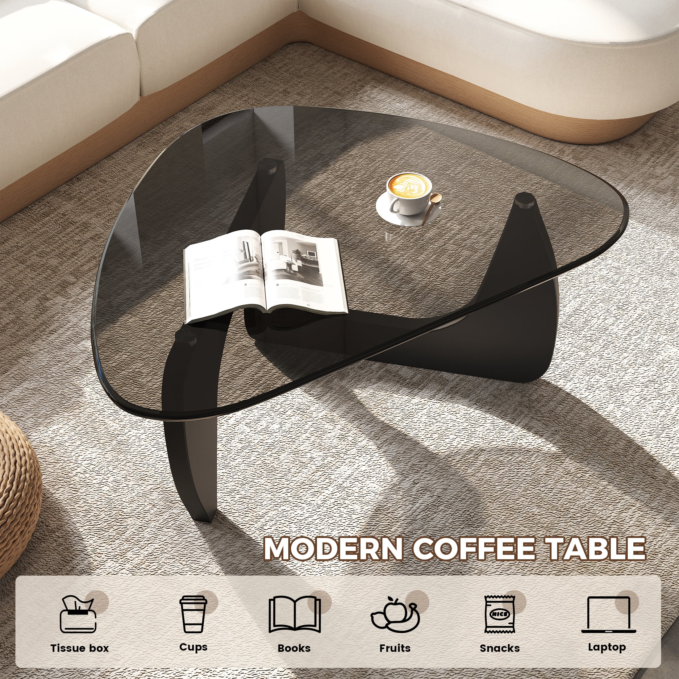 Daluvenix Modern Glass Coffee Table Triangle Coffee Table for Living Room with Glass Top and Wood Base
