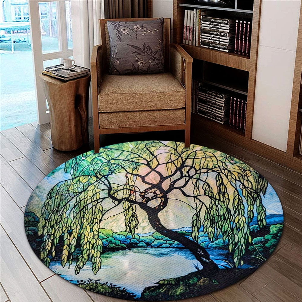 Round Area Rug, Weeping Willow Non-Slip Floor Mat, Soft Washable Carpet for Living Room Bedroom Decor 24 Inch