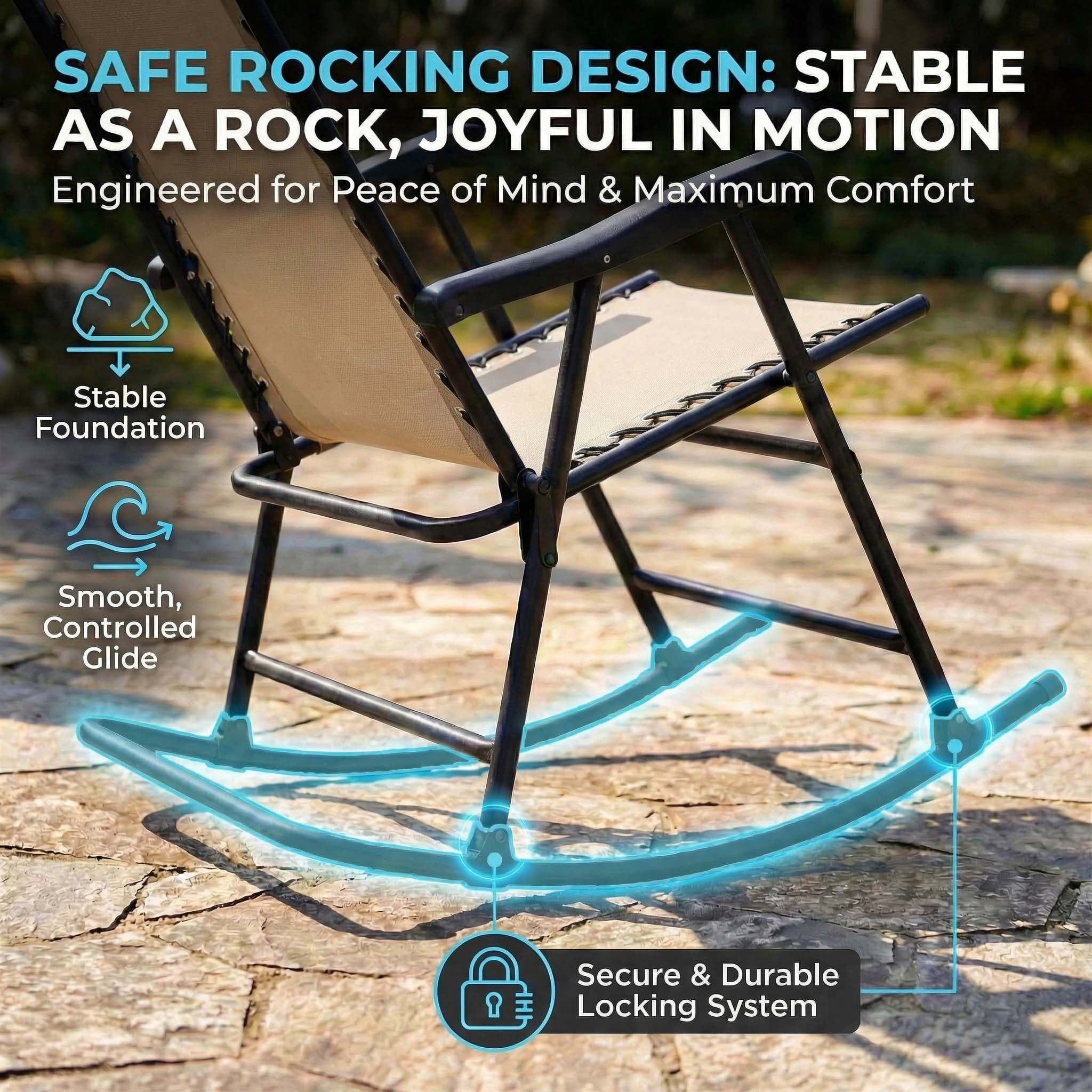 Leumius Set of 2 Outdoor Rocking Chairs, All-Weather Patio Rockers with High Back,Folding Leisure Rocking Chair for Lawn,Porch,khaki
