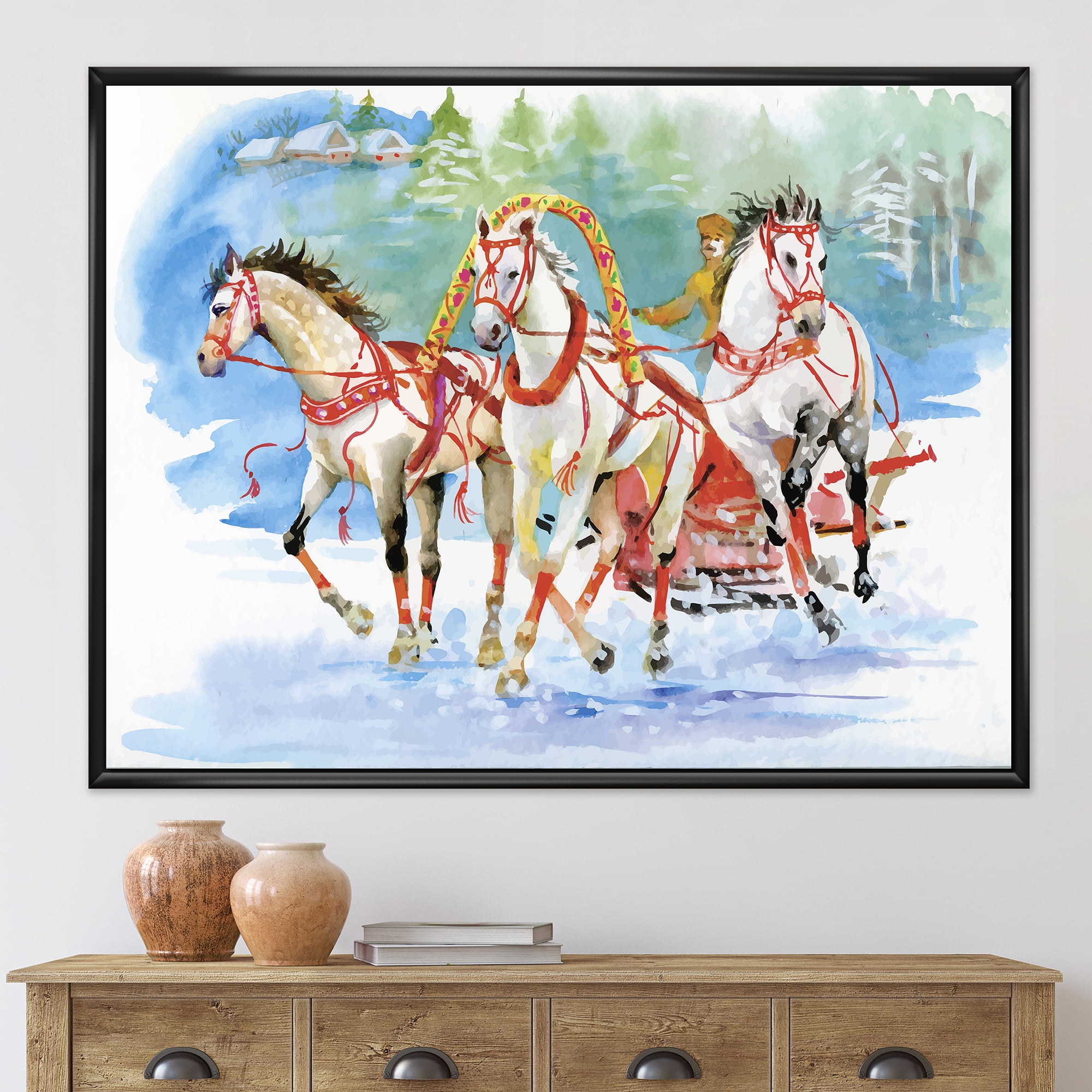 Designart 'Carriage In The Snow With Galoping Horses' Farmhouse Framed Canvas Wall Art Print