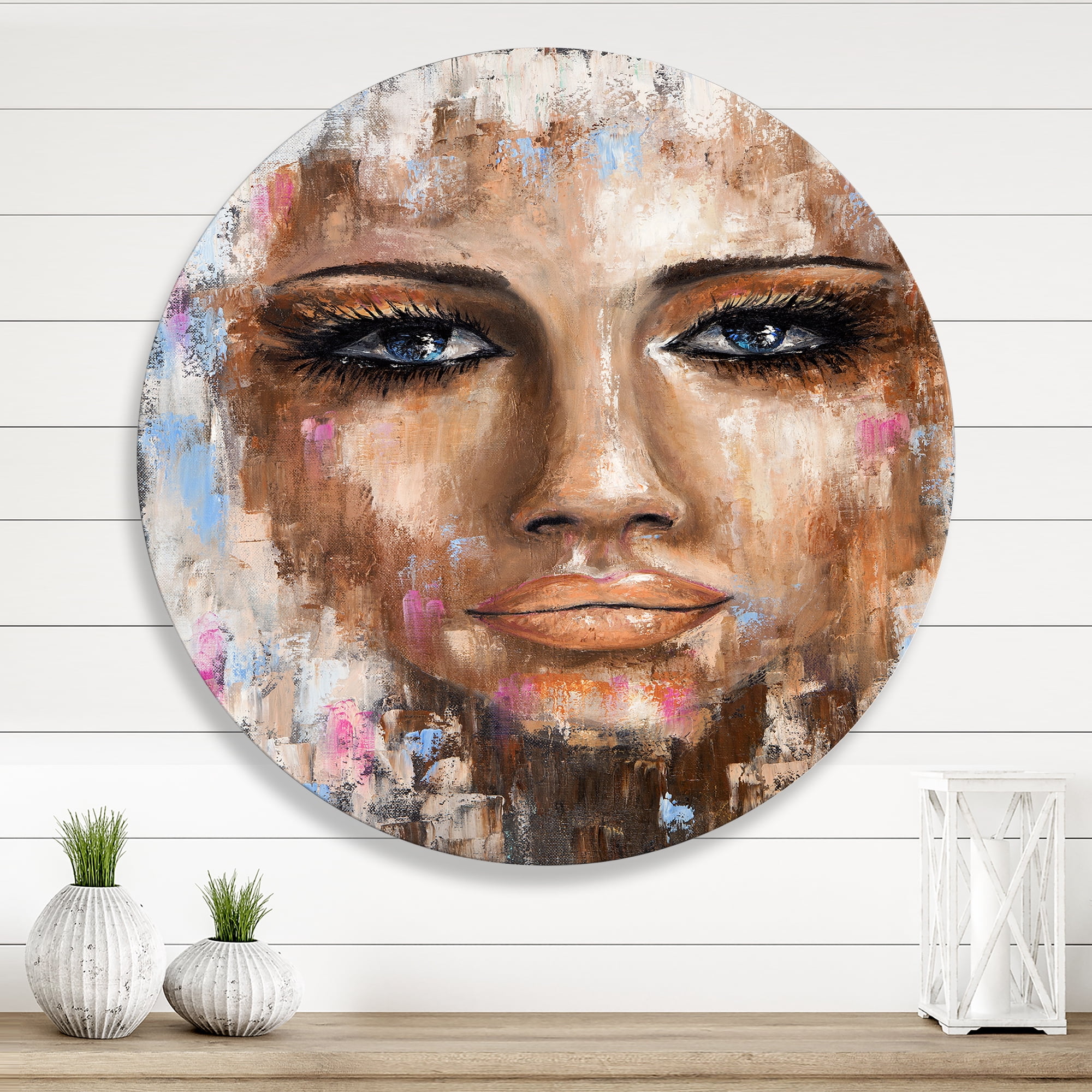 Designart 'Abstract Portrait Of A Young Woman With Blue Eyes I' Modern Circle Metal Wall Art 23x23 - Disc of 23