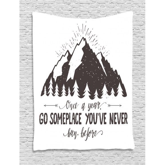Inspirational Tapestry, Once a Year Go Someplace You Have Never Been Before Wanderlust Theme, Wall Hanging for Bedroom Living Room Dorm Decor, 60W X 80L Inches, Charcoal Grey White, by Ambesonne