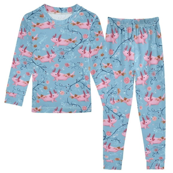 joogoo Cute Axolotls Blue 2 Piece Long Sleeve Tee and Pants Cotton Pajama Set 5Y