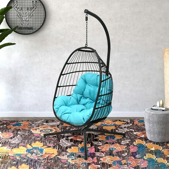 Abble Outdoor Wicker Hanging Basket Swing Chair with Cushion and Stand - Black & Aqua