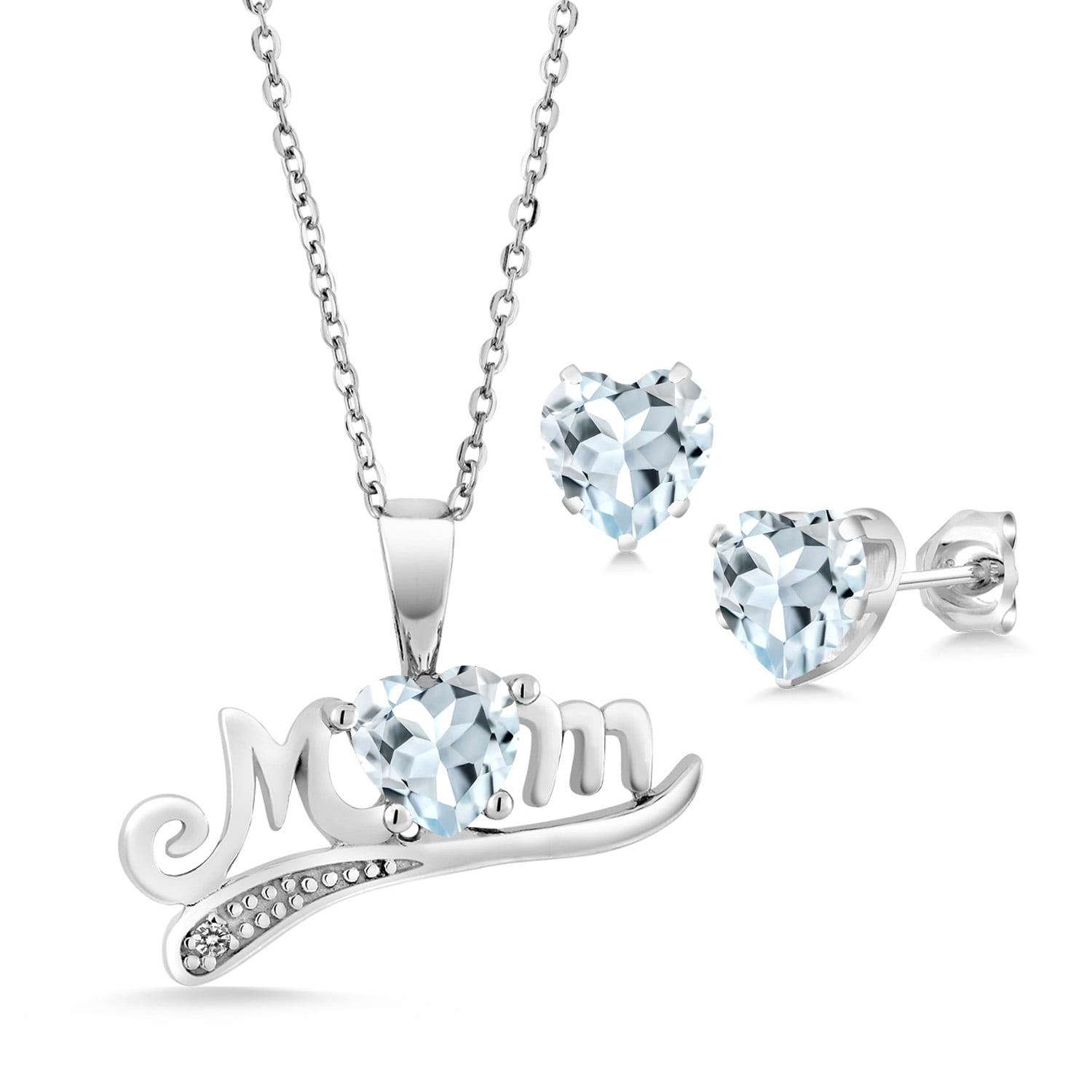 Gem Stone King 1.25 Ct Sky Blue Aquamarine White Diamond 925 Sterling Silver Pendant and Earrings Jewelry Set