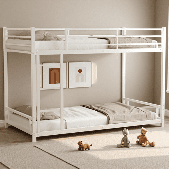Twin over Twin Bunk Bed, Heavy Duty Metal Frame Space Saving Bunkbed for Teens/Adults, Noise Reduced Stable Design with Safety Guardrail, No Box Spring Needed, White