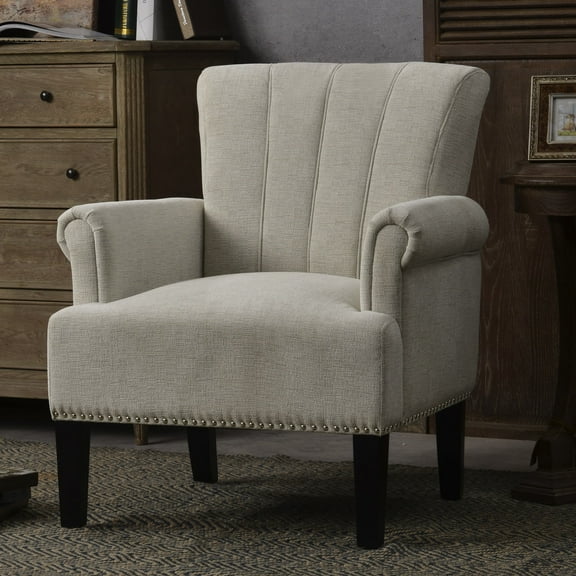 Jopath Living Room Chairs, Upholstered Leisure Chairs, Polyester Armchair with Rivet Tufted Scroll Arm for Bedroom and Living Room, Cream