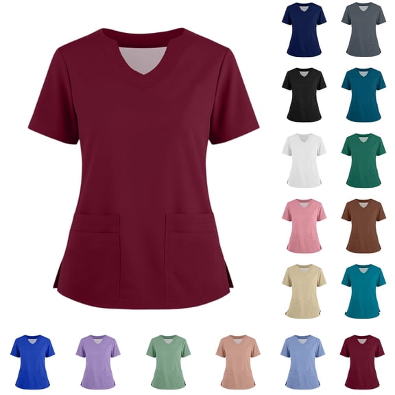 Side Slit Scrub Top for Women V Neck Short Sleeve 2 Pocket Work Top Featuring Soft Stretch Easy Care Material, #03 Wine, XL