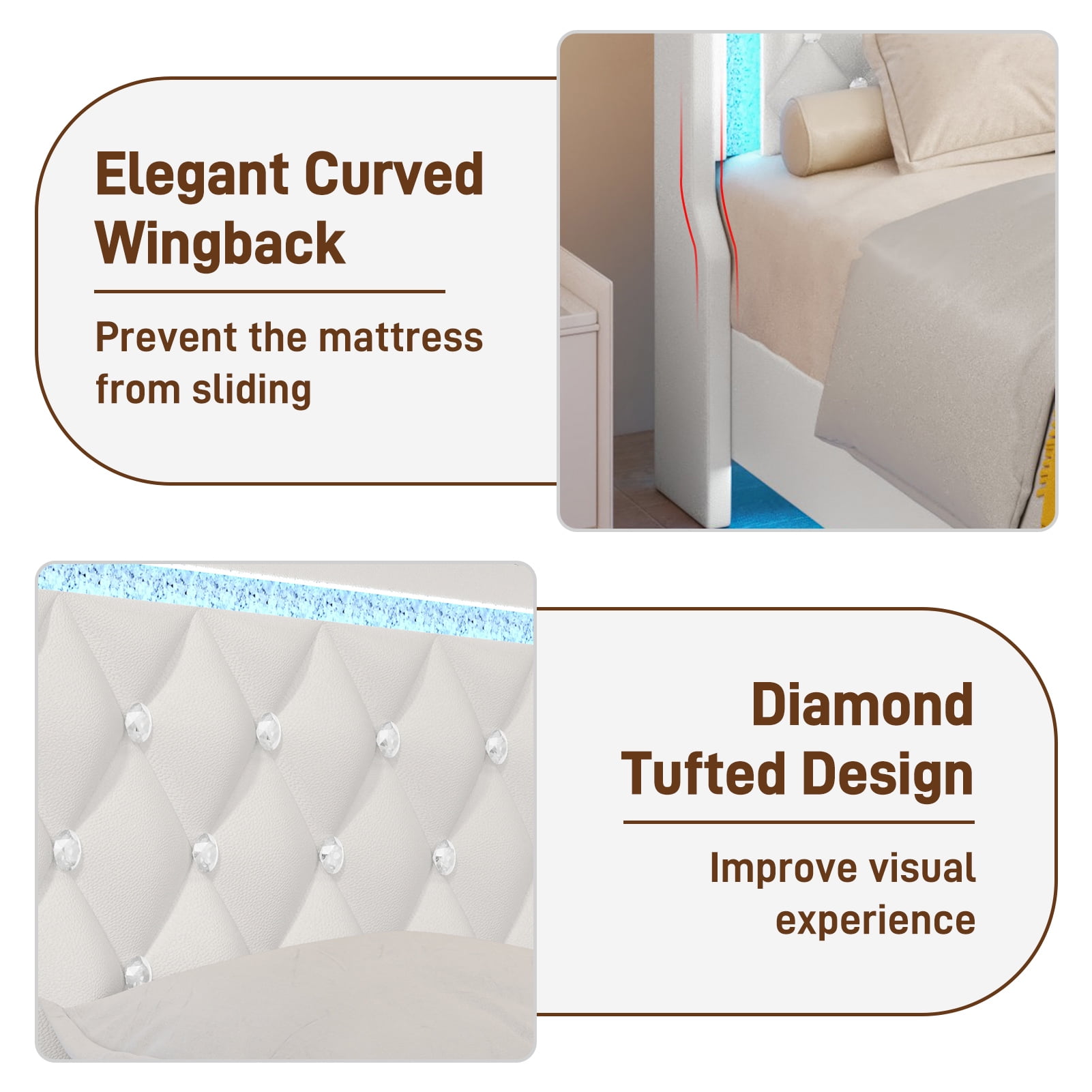 Blotout Floating Queen Bed Frame with LED Lights&Power Outlet, Upholstered Pu Leather Platform Bed with Diamond Tufted Storage Headboard & Footboard, No Box Spring Needed, Noise Free, White