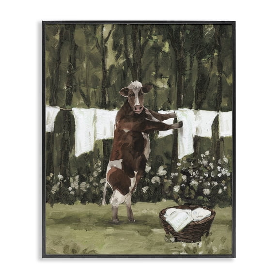 Stupell Industries Brown Cow Doing Laundry Bath & Laundry Painting Black Framed Art Print Wall Art, 11 x 14
