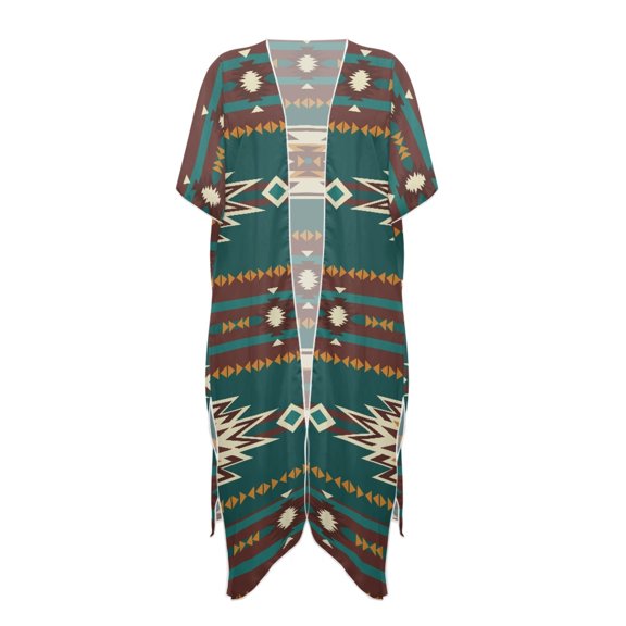 HELLHERO Polyester Long Kimono Swimsuit Cover Up for Beach Loose Free Size Long Kimono Cover Ups for Swimwear Women Geometric Symmetry Design