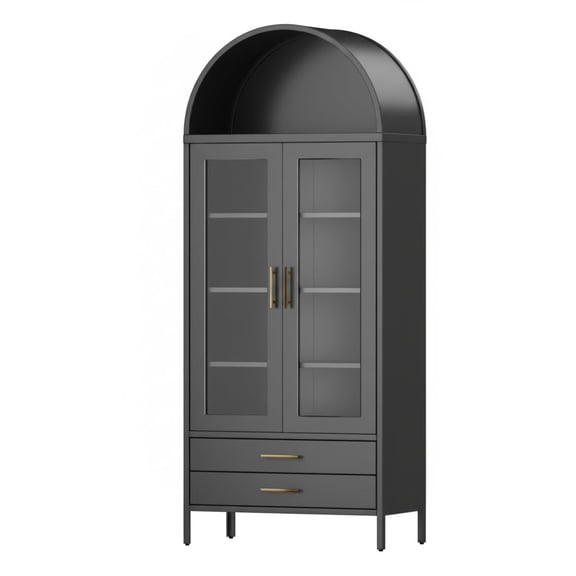 PYY 73 Inch Tall Arched Metal Storage Cabinet with Glass Doors and 2 Drawers – Modern Black Steel Pantry with 2 Adjustable Shelves - Rolled Design for Living Room or Kitchen Organization – Black