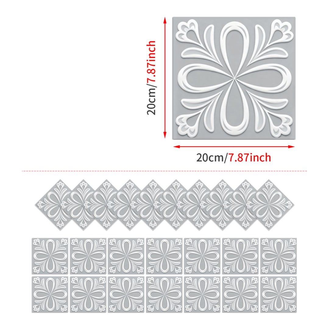 24Pcs Matte PVC Tile Sticker Waterproof Peel and Stick Backsplash 7.87" x 7.87" Gray White Flowers Wall Stickers Self Adhesive DIY Decor Decals
