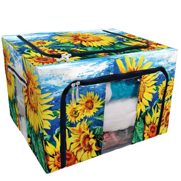 PKQWTM Original oil painting Yellow Sunflowers Storage Bag Clear Window Storage Bins Boxes Large Capacity Foldable Stackable Organizer With Steel Metal Frame For Bedding,Clothes,Closets, Bedrooms