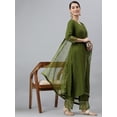 thumbnail image 3 of Janasya Indian V-Neck 3/4 Sleeve Solid Olive Green Rayon Kurta With Palazzo And Dupatta For Women, 3 of 8