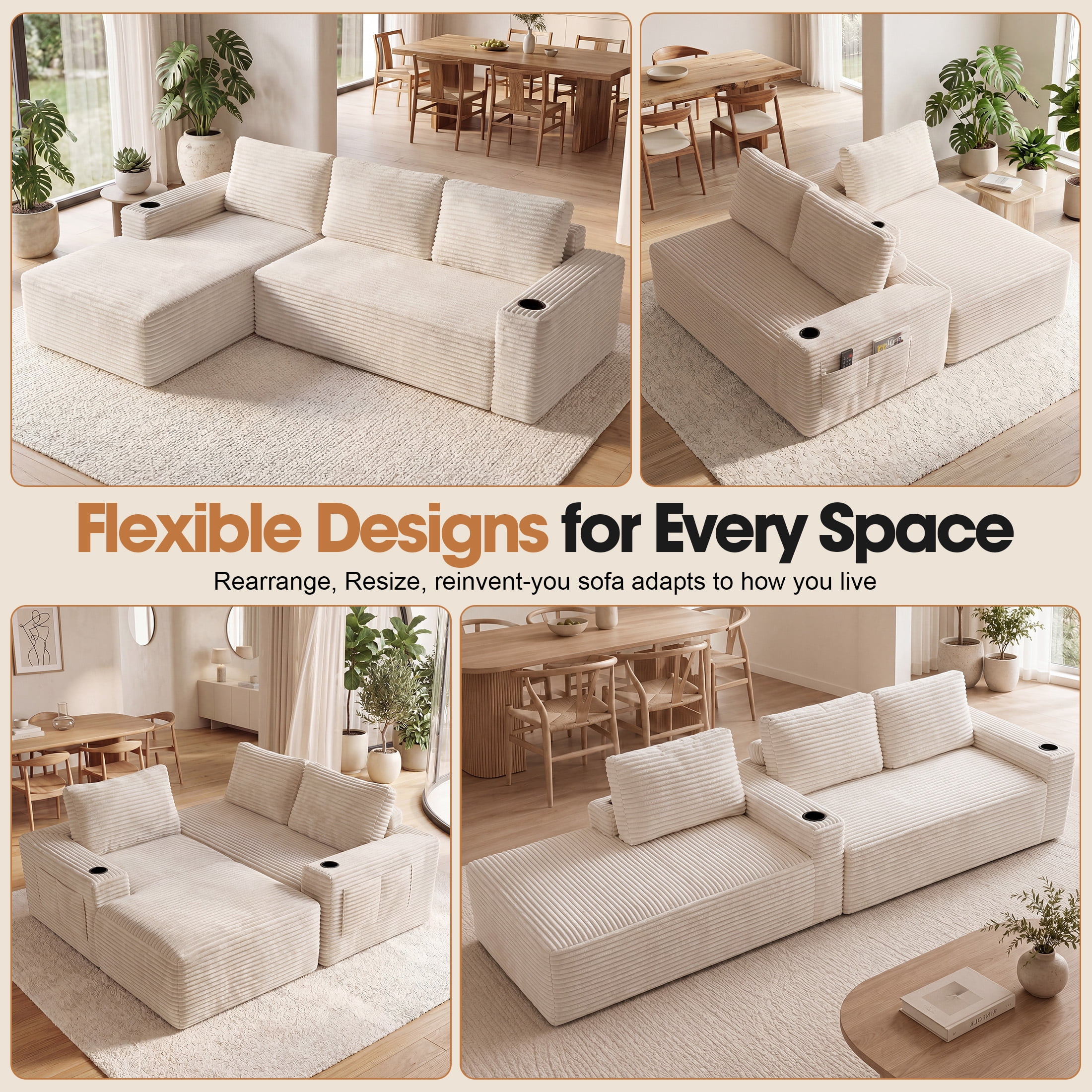 Aenkyo 104 Inch Corduroy L-Shaped Cloud Sectional Sofa with Left Facing Chaise and Cup Holders, Gream