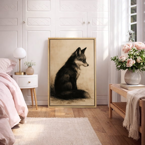 Framed Canvas Print Fox Wall Art Vintage Animal Decorative for Living Room Bedroom - 16"x24" NATURAL