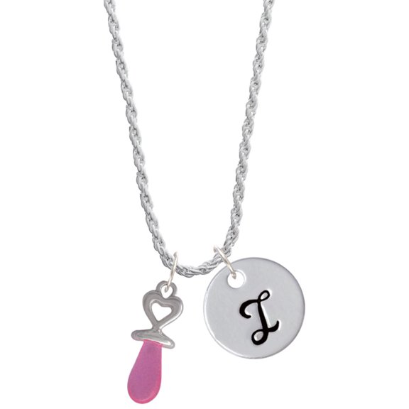Delight Jewelry Silvertone 3-D Pink Baby Pacifier Silvertone Script Initial Disc - I - Charm Necklace, 20"+3"