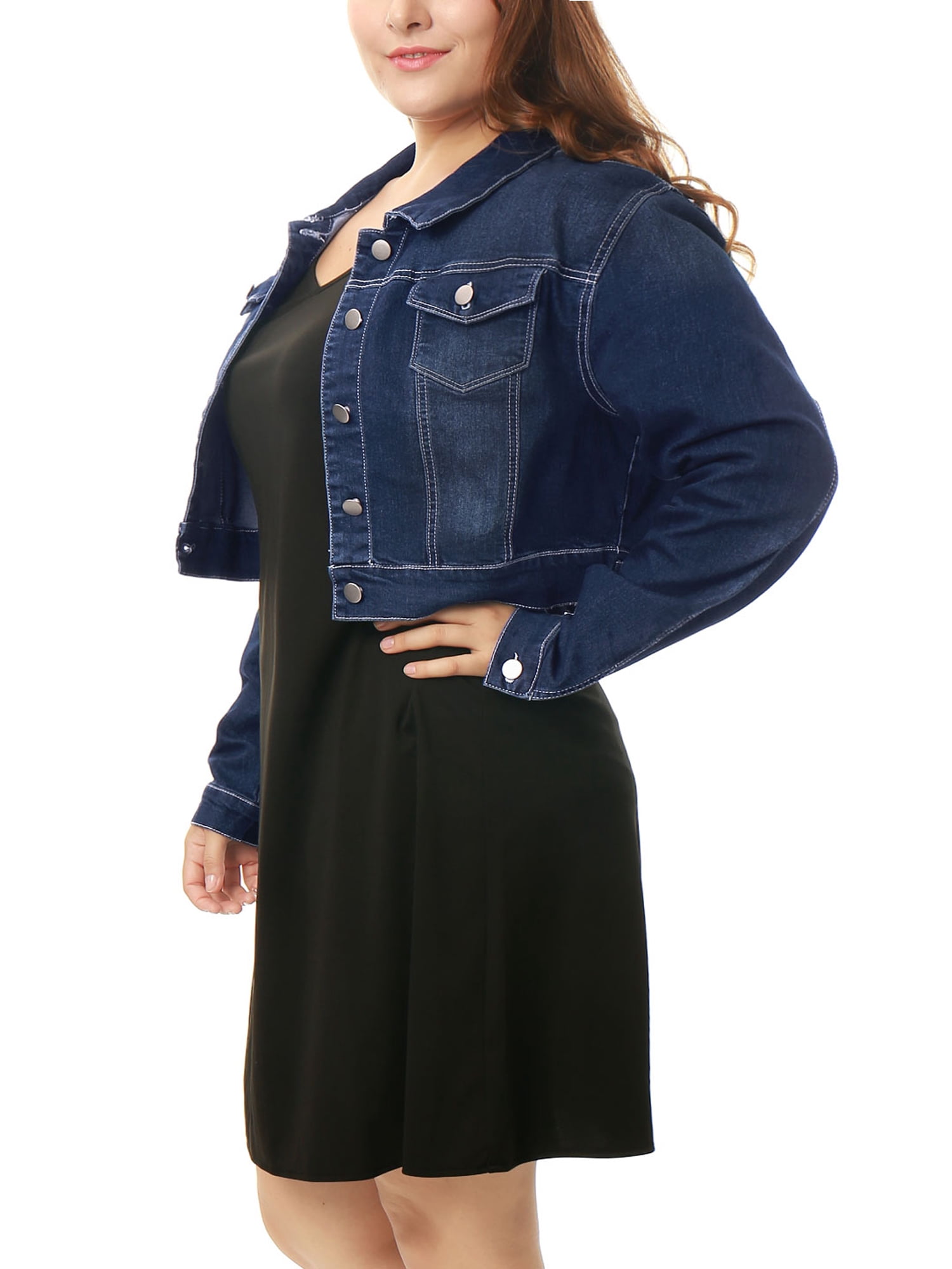 Unique Bargains Women's Plus Size Long Sleeve Jean Jacket Button Cropped Denim Jacket