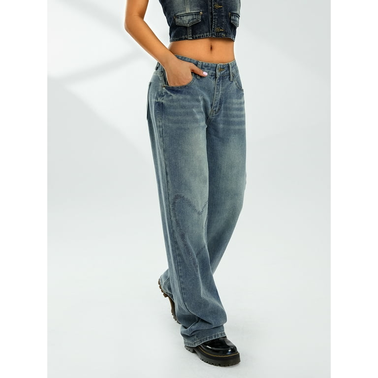 FOCUSNORM Women Pockets Denim Pants High Waist Straight Leg FOCUSNORM Women Pockets Denim Pants High Waist Straight Leg