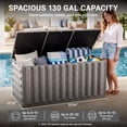 thumbnail image 2 of 130 Gallon Resin Deck Box, Outdoor Lockable Storage Container for Patio Cushions, Garden Tools, Pool Supplies, Toys, Water Resistant and UV Resistant, Reinforced Rib Design, Built-in Wheels, Gray, 2 of 9