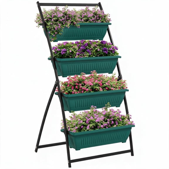 Outsunny 4-Tier Raised Garden Bed, Vertical Plastic Planter Boxes with Stand, Self-Draining Elevated Planter for Vegetables, Flowers & Herbs, Green