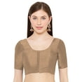 thumbnail image 1 of eloria Women's Art Silk Top Short Sleeve Blouse Deep Neck Top Sari Accessories Color: Tan | Size: 40, 1 of 5