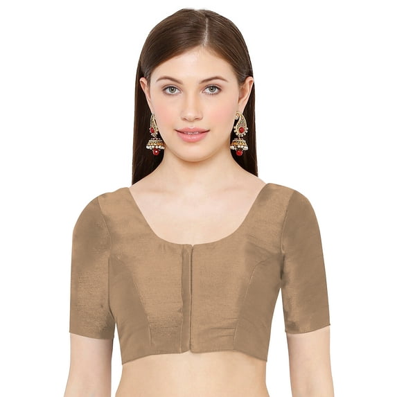 eloria Women's Art Silk Top Short Sleeve Blouse Deep Neck Top Sari Accessories Color: Tan | Size: 40