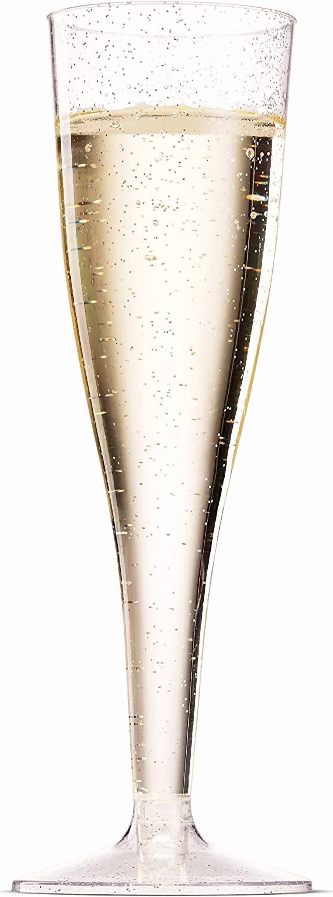 100 Plastic Champagne Flutes - 5 Oz Disposable Silver Glitter Champagne Glasses for Parties, Mimosa Bar, Events, Wedding and Shower Party Supplies - Toasting Cocktail Cups