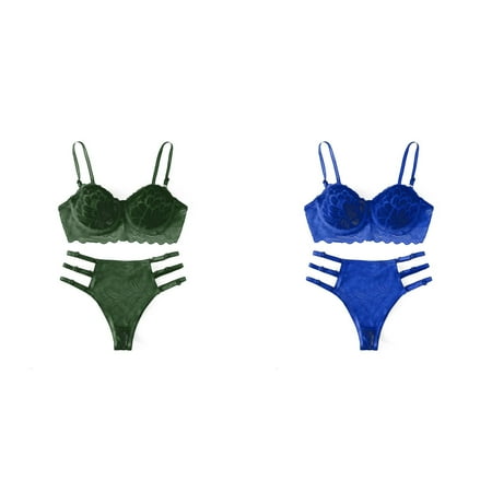 Lojoutye 2 Pack(Green 1PCS & Blue 1PCS) Multipack Women Underwear Lace Shorts Set Sleepwear Garter Underwear Ring Set Lace Bra and Thong Lace Pajamas Steel