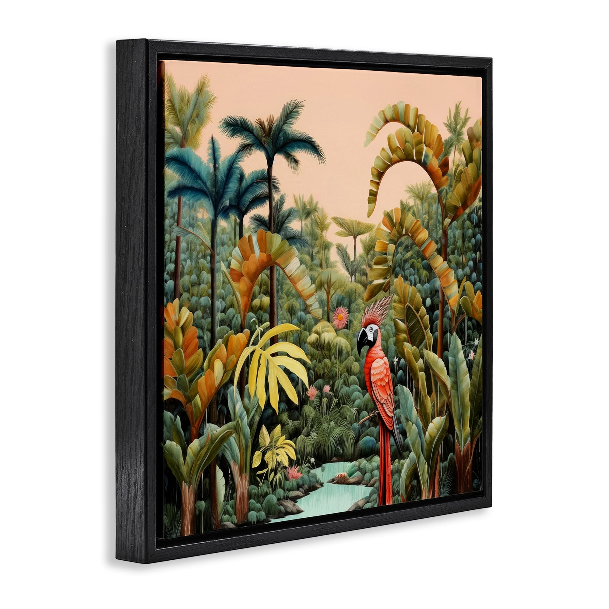 Stupell Industries Parrot in Tropical Vegetation Landscape Painting Black Floater Framed Canvas Art Print Wall Art, 18 x 18