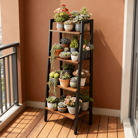 LIFERECORD 4-Tier Ladder Shelf, Industrial Bookshelf with Adjustable Feet, 27.2" Storage Rack for Living Room, Home Office, Bedroom, Kitchen, Easy Assembly