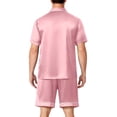 thumbnail image 4 of Premium Soft Satin Silk Set For Men Short Sleeve Button Front Top Loose Shorts Two Piece Loungewear With Pockets Pink S, 4 of 6