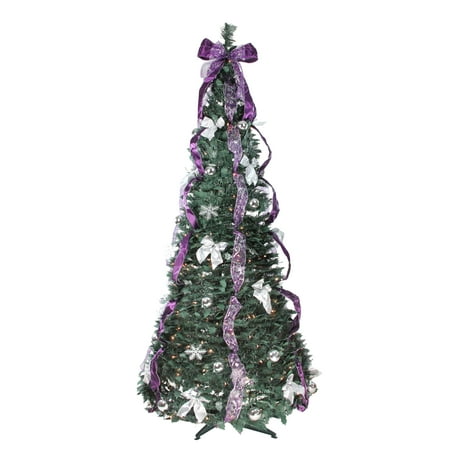 Northlight 6' Artificial Christmas Tree Prelit Purple and Silver Decorated Pop-Up - Clear