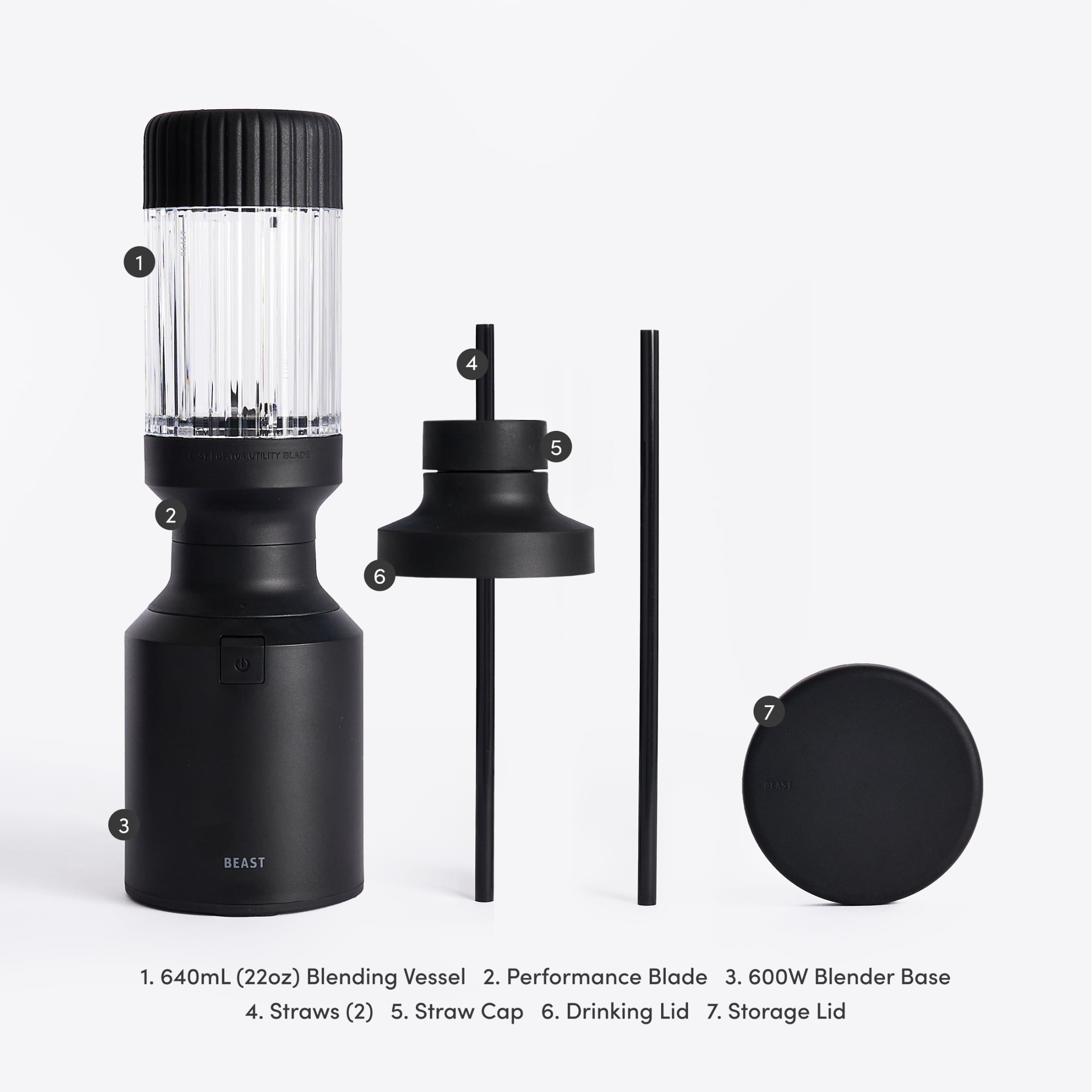 The Beast Mini® Blender | Personal Countertop Blender for Smoothies, Shakes, Food Prep, Frozen Fruits & Veggies, Sauces & Dips | Portable Bottle, Straw Cap and Straws | 600W Motor (Carbon Black)
