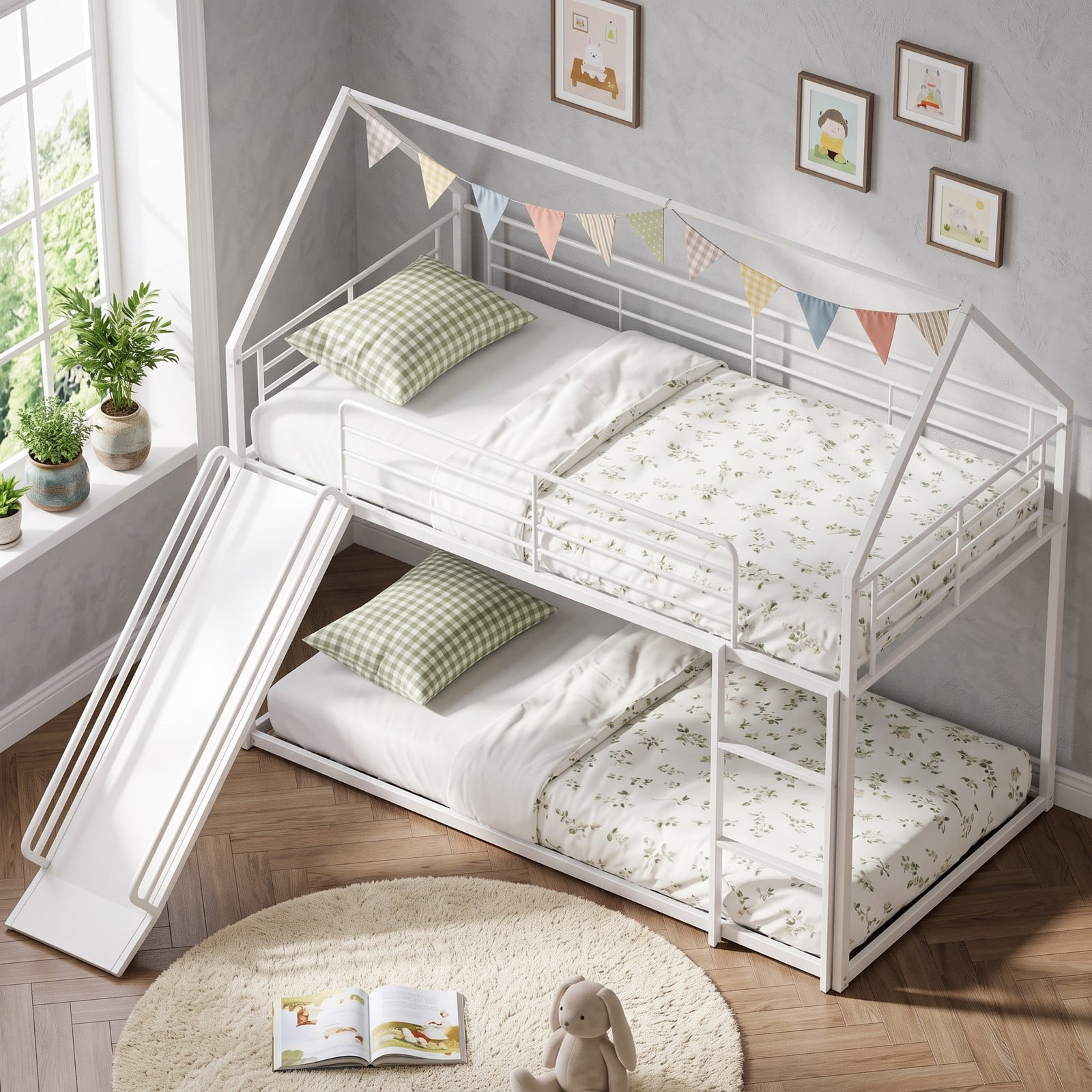 Furnibear House-shaped Twin Over Twin Metal Low Bunk Bed with Slide Ladder and Full-length Guardrails for Kids Rooms, White