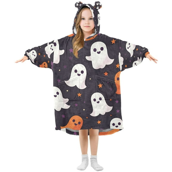 FORMRS Wearable Blanket Hoodie with Sleeves for Kids Cozy Flannel Sweatshirt, White Halloween Ghosts