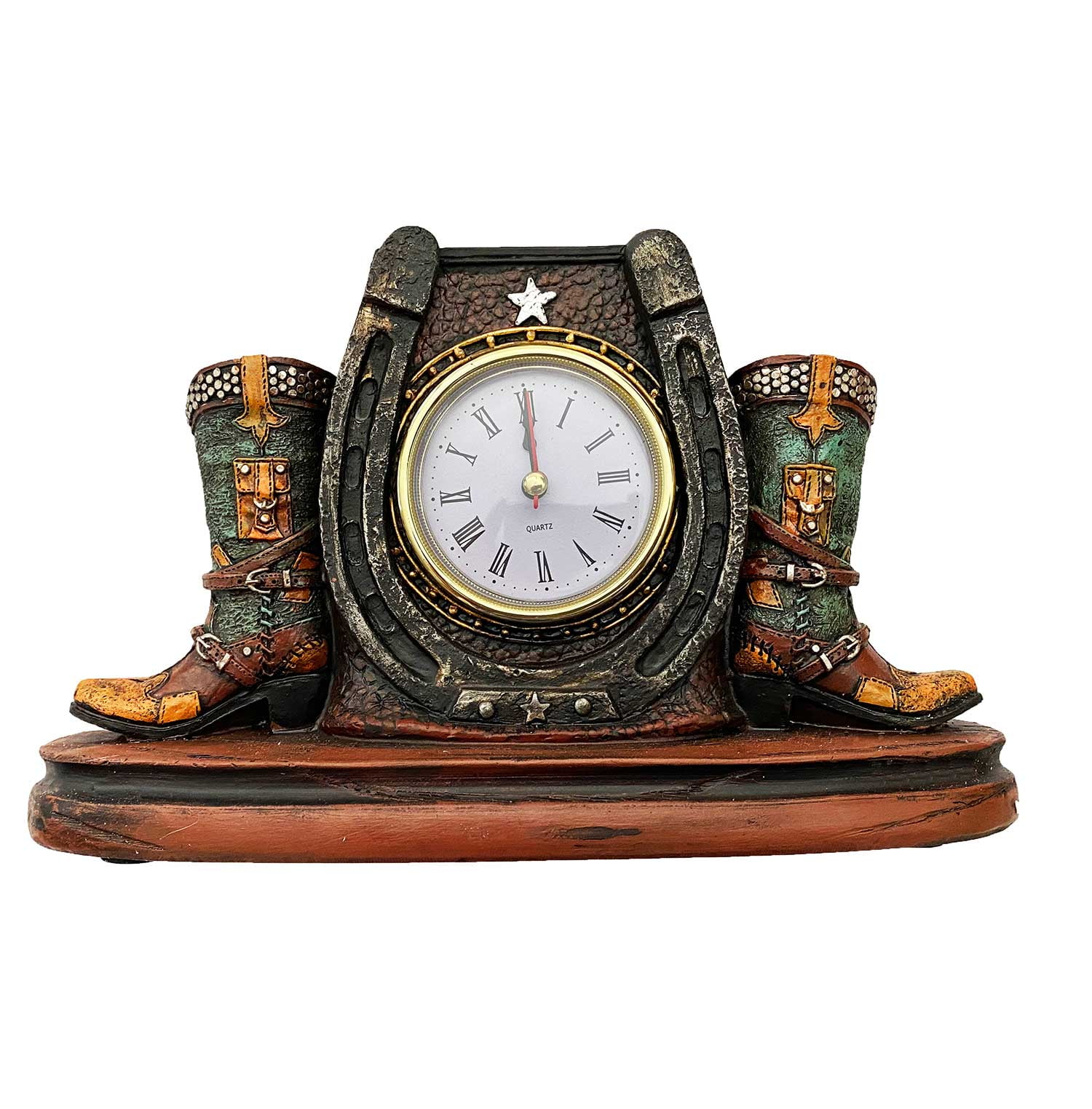 Western Boots & Horseshoe Tabletop Mantel Clock Rustic Country Design