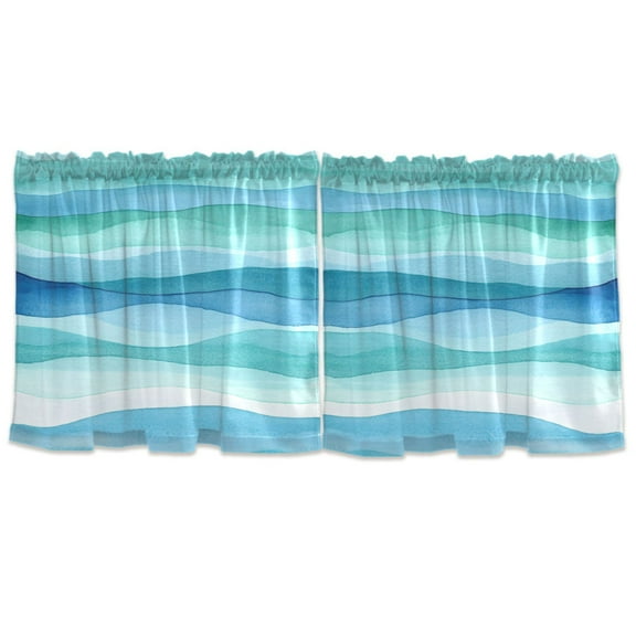 Blue and Green Waves Tier Curtains for Kitchen 57x24 Inch Semi Sheer Light Filtering Half Window Curtains 2 Panels