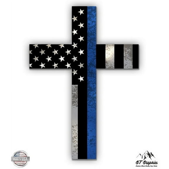 Blue Line Police Cross - 3" Vinyl Sticker - For Car Laptop I-Pad Phone Helmet Hard Hat - Waterproof Decal