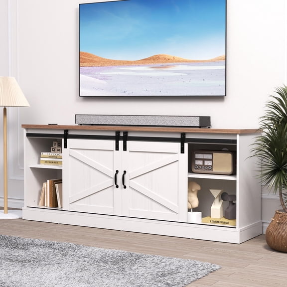 Gotland Farmhouse TV Stand up to 65 Inches TV, Entertainment Center with Sliding Barn Doors and Adjustable Shelf, Media Furniture with Storage Cabinet for Living Room, White