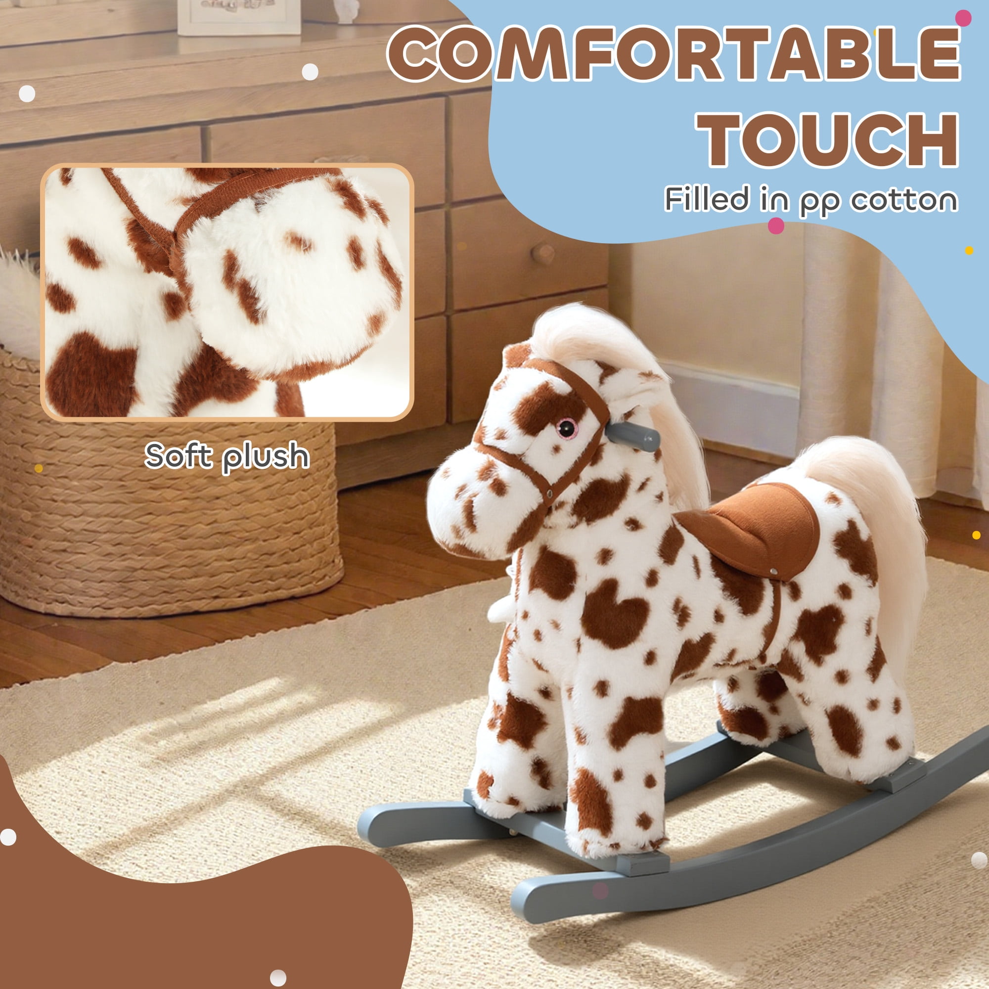 Qaba Kids Rocking Horse, Animal Rocker with Rabbit Toy and Realistic Neigh for Toddlers, Soft Filling Ride on Pony, Brown