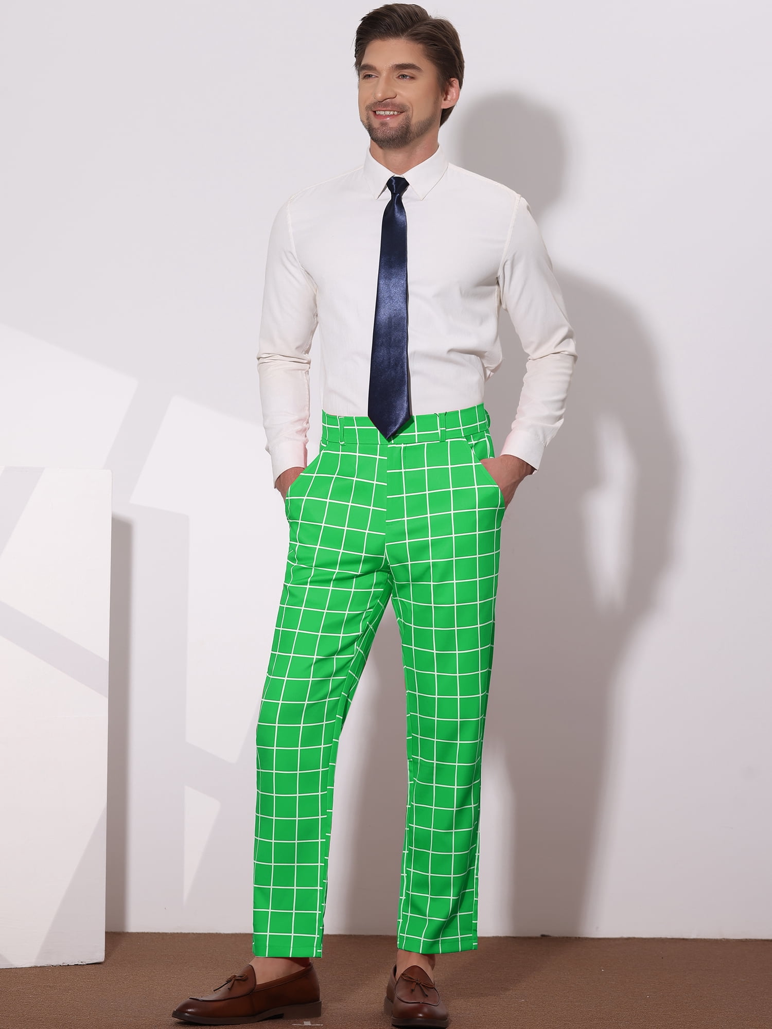 Unique Bargains Men's Plaid Printed Straight Leg Business Casual Checked Pants 30 Green White