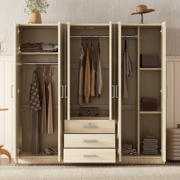 Newboti Furniture 6-Doors Wooden Wardrobe Storage For Bedroom, With Big Drawers, Gray 0010