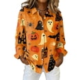 thumbnail image 2 of Halloween Womens Tops Button Down Cute Pumpkin Ghost Bat Womens Blouses Fall Long Sleeve Holiday Tee Top Orange S, 2 of 7