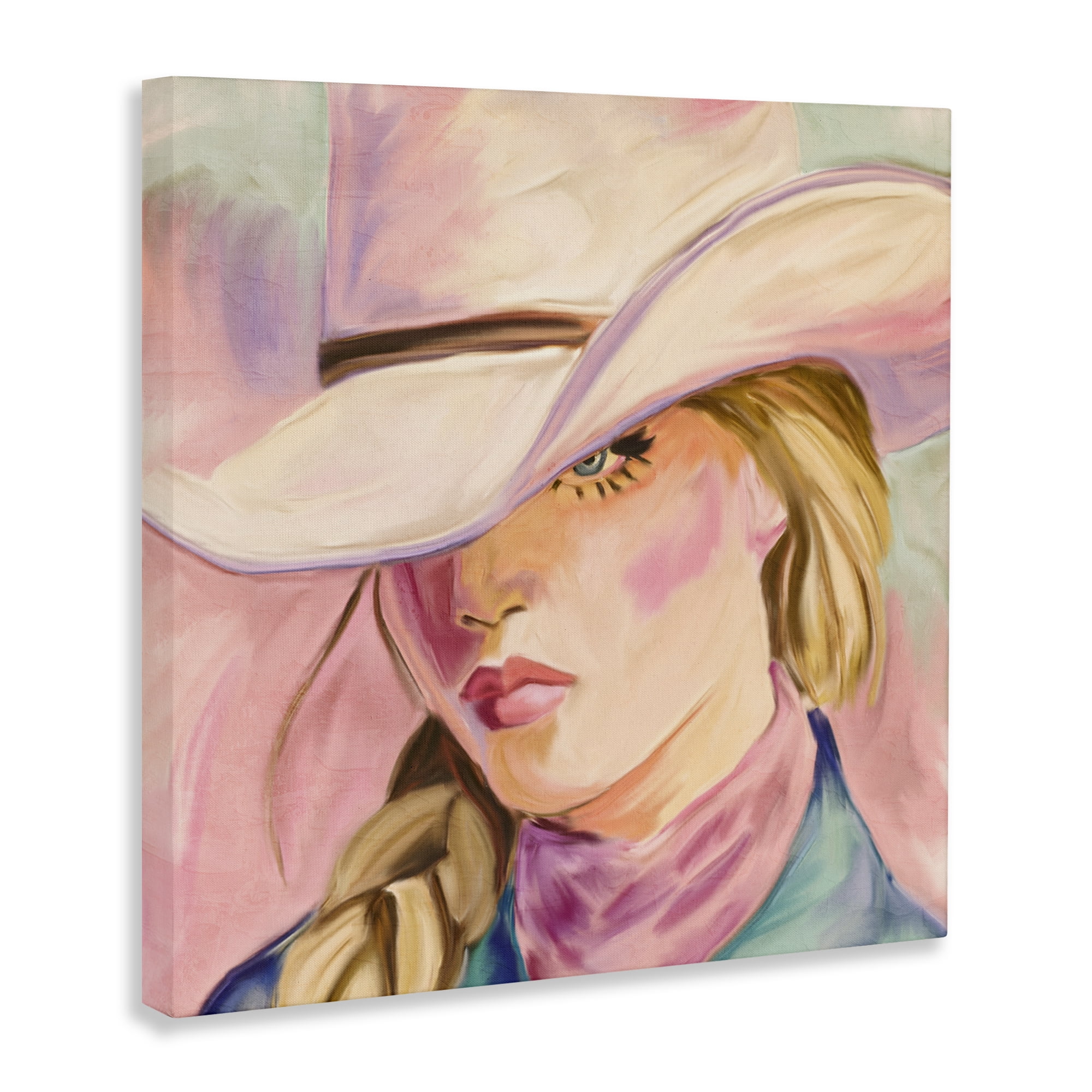 Pastel Cowgirl Gaze Beneath Hat Canvas Wall Art, design by Kim Allen
