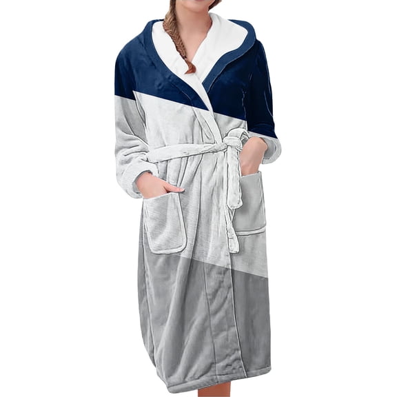 MEICHEN Womens Fleece Plush Robe With Hood Long Soft Color Block Pockets Loungewear Luxurious Flannel Bathrobe for Women